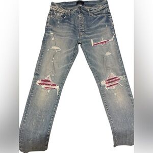 AMIRI Blue Distressed Straight Jeans with pink Accents